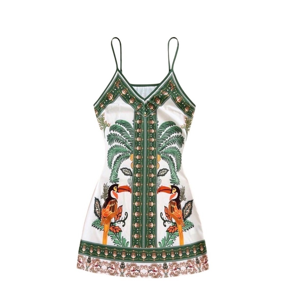 Tropical‎ Toucan Palm Print Mini Dress Green White V-Neck Spaghetti Strap Large